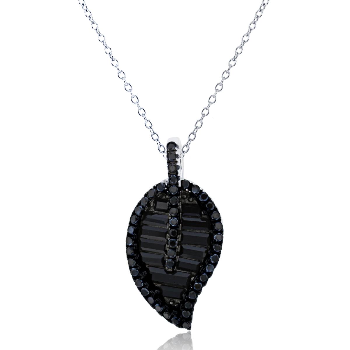 Sterling Silver Rhodium Micropave Rd Baguette Black Nano Leaf Necklace