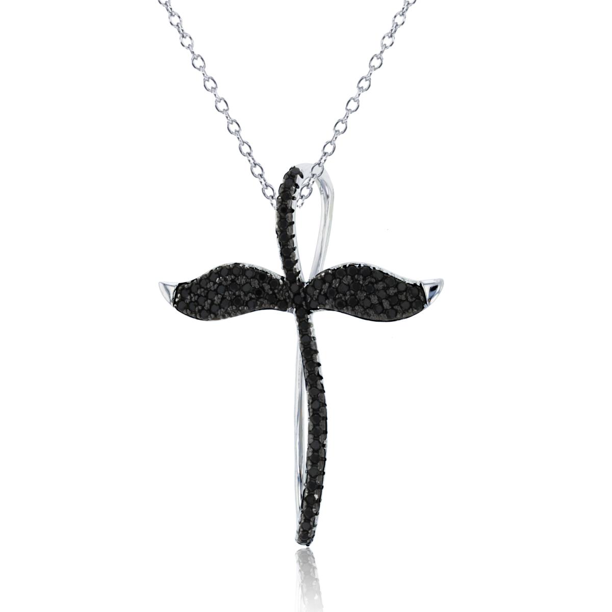 Sterling Silver Rhodium Rd Black Spinel Wing Cross Dangling Necklace