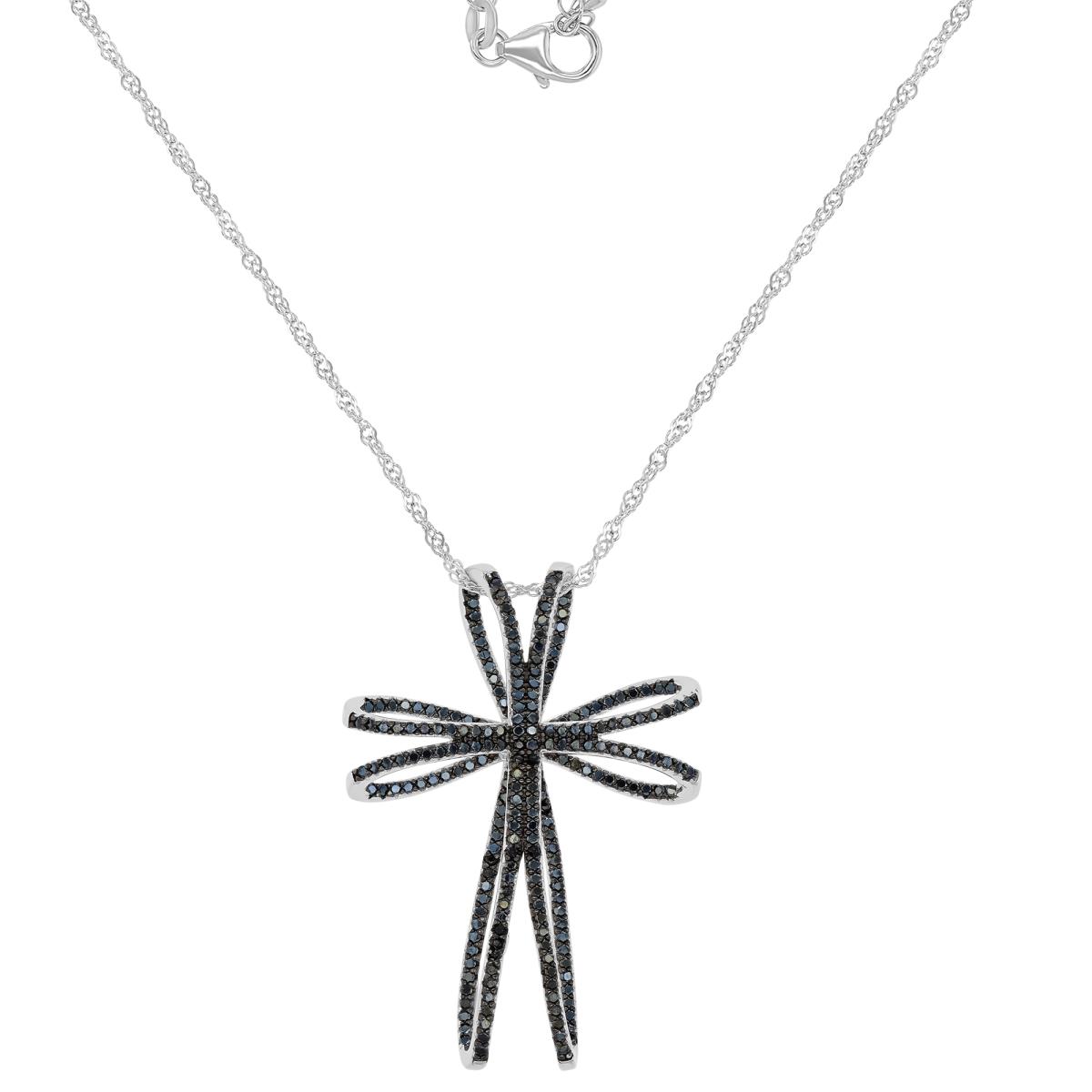 Sterling Silver Rhodium Rnd Black Spinel Vintage Cross 18"Necklace