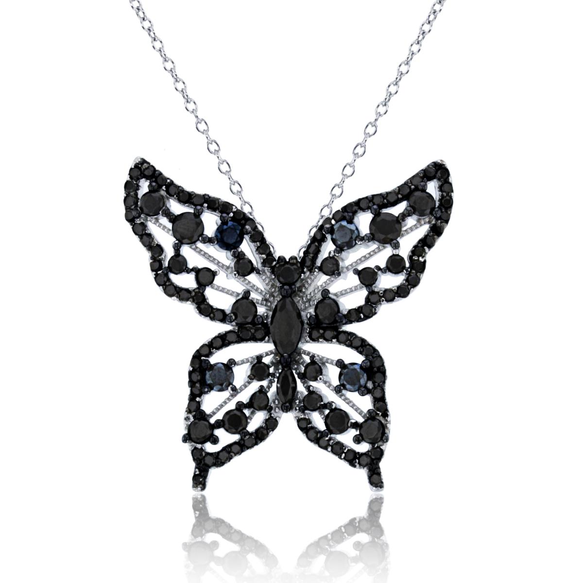 Sterling Silver Rhodium Rnd & MQ Black Nano Butterfly 18"Necklace