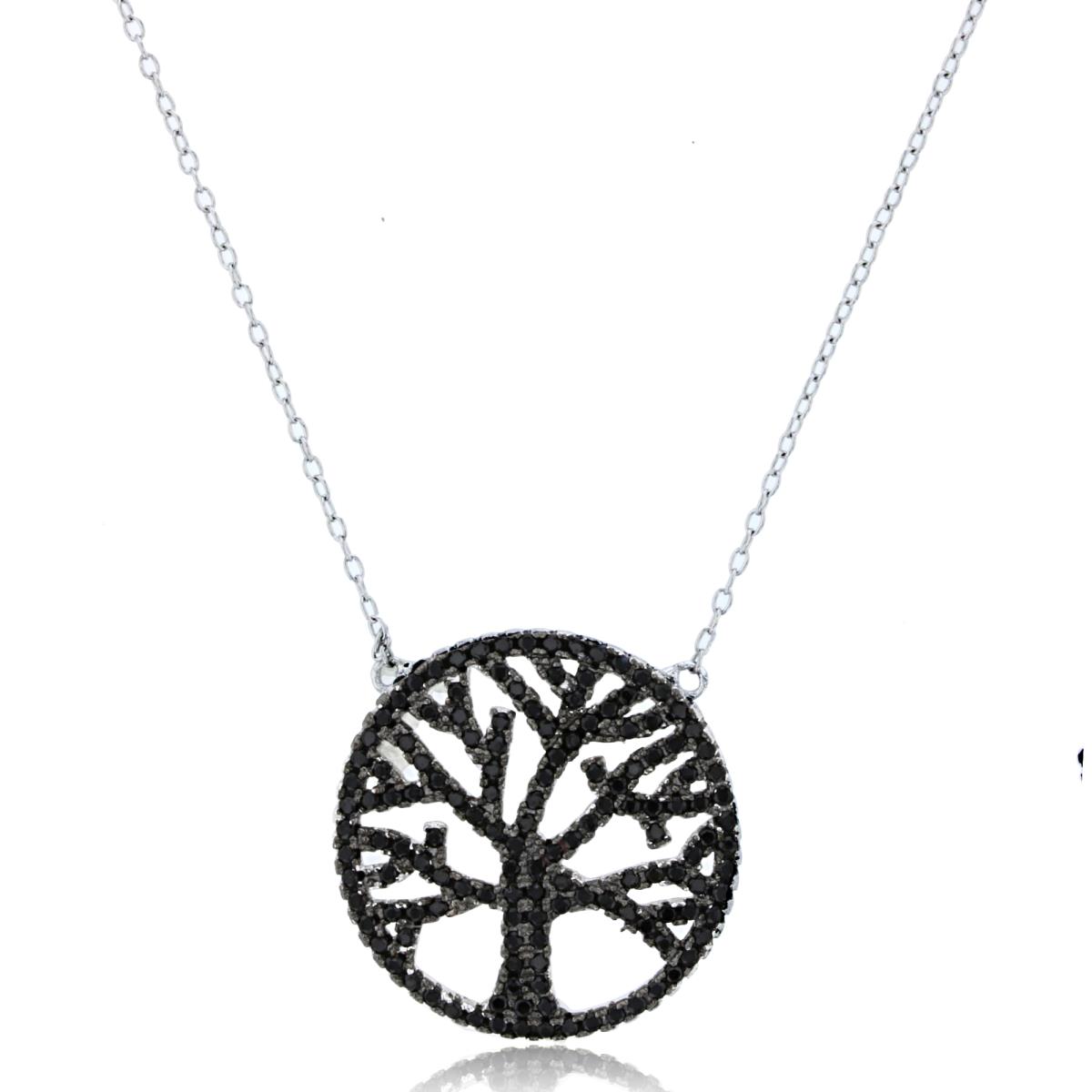 Sterling Silver Rhodium Micropave Rd Black Spinel Tree Of Life Necklace