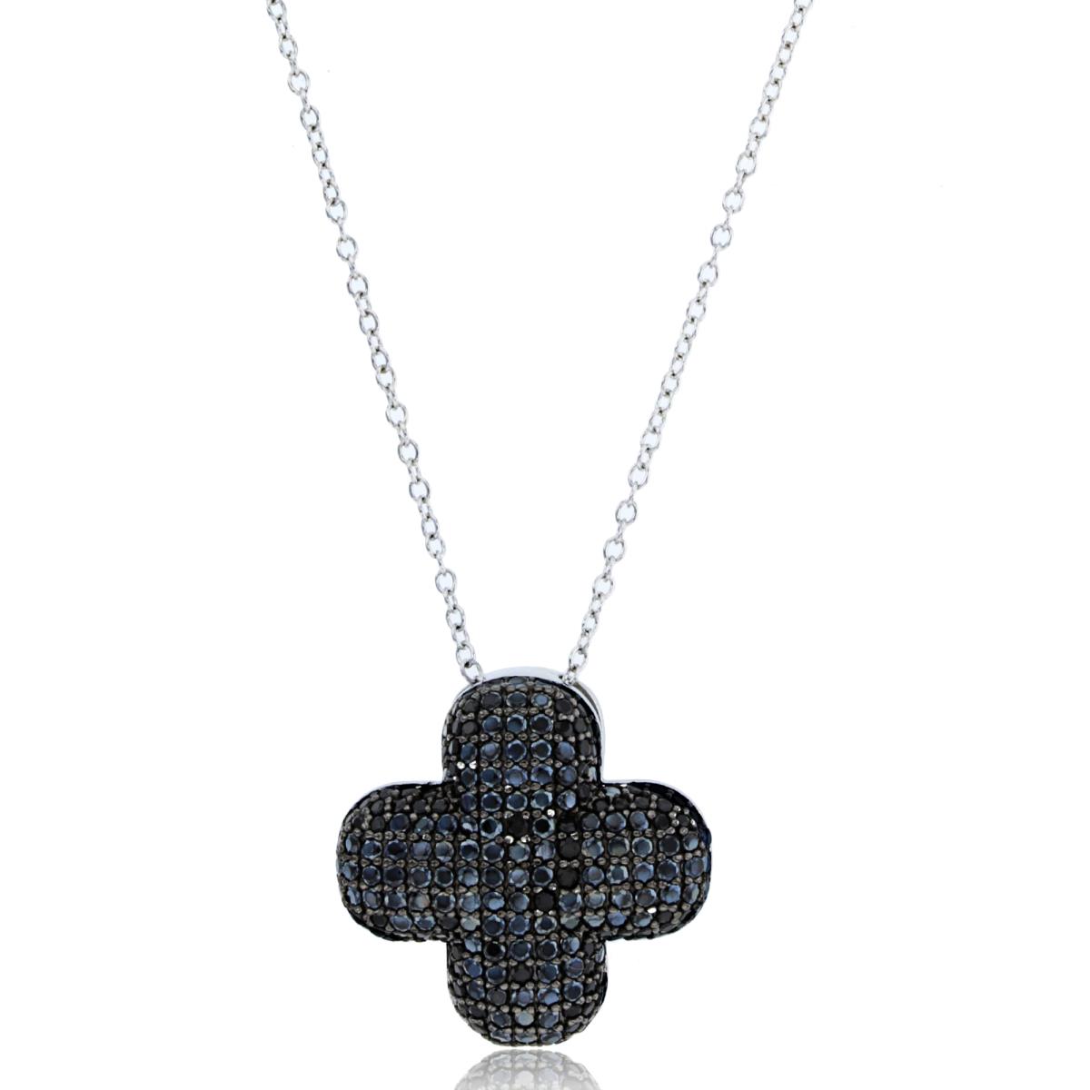 Sterling Silver Rhodium Rd Black Spinel Micropave Puffy Cross 18" Necklace