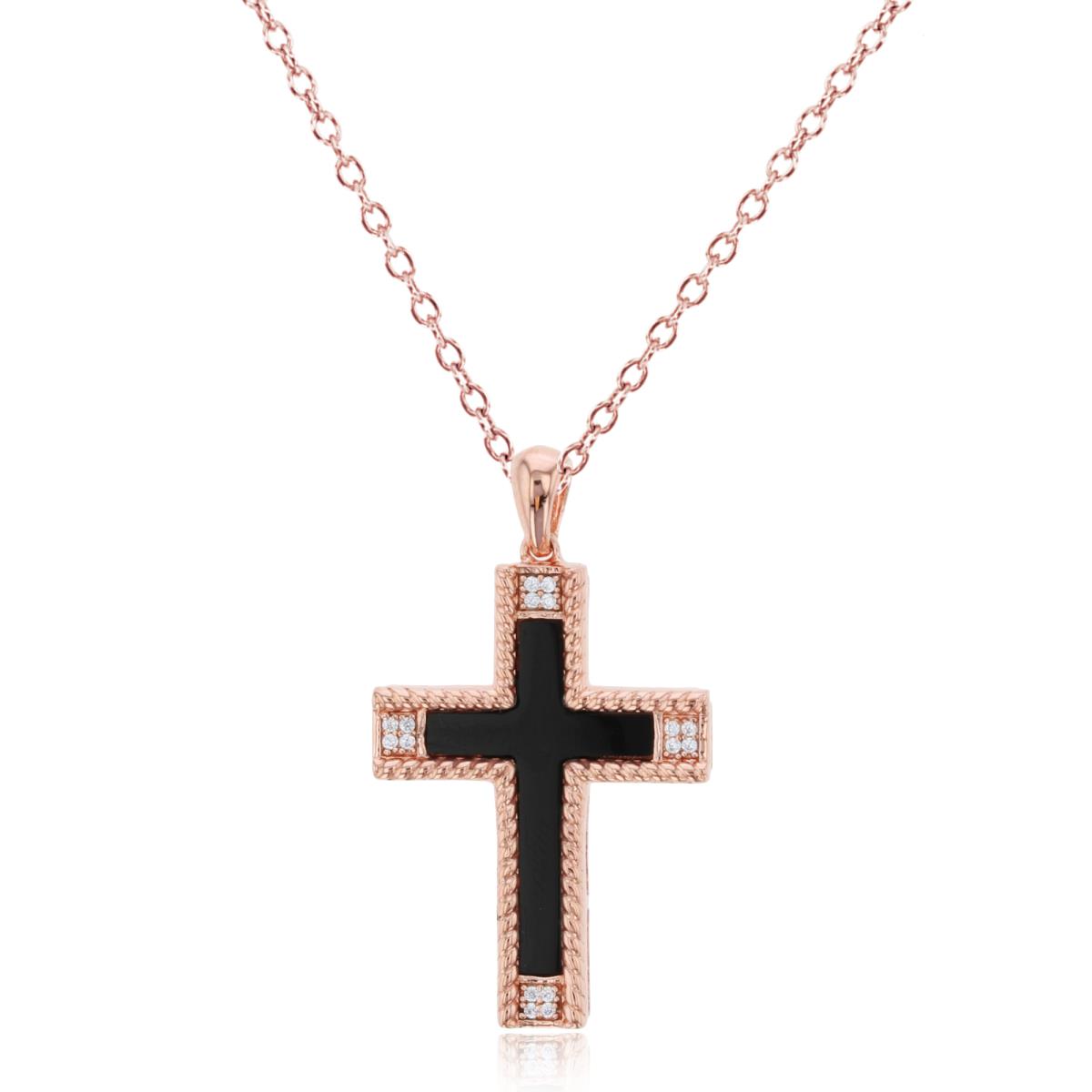 Sterling Silver Rose 20x13mm Inlay Onyx & Rnd CZ Cross 18" Necklace