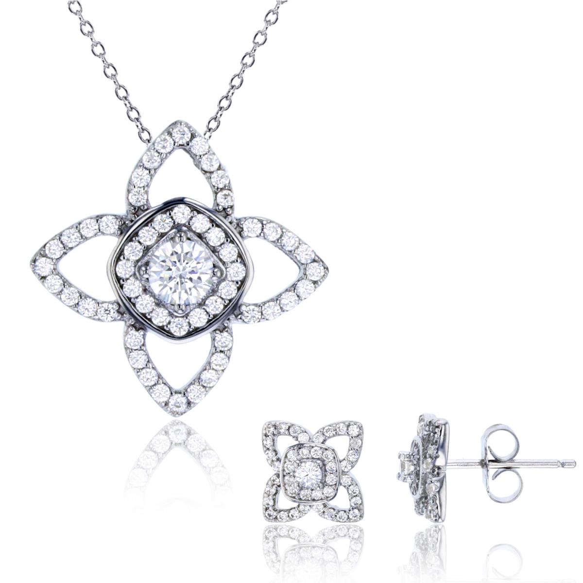 Sterling Silver Rhodium Rnd White CZ Clover 18" Necklace & Stud Earring Set