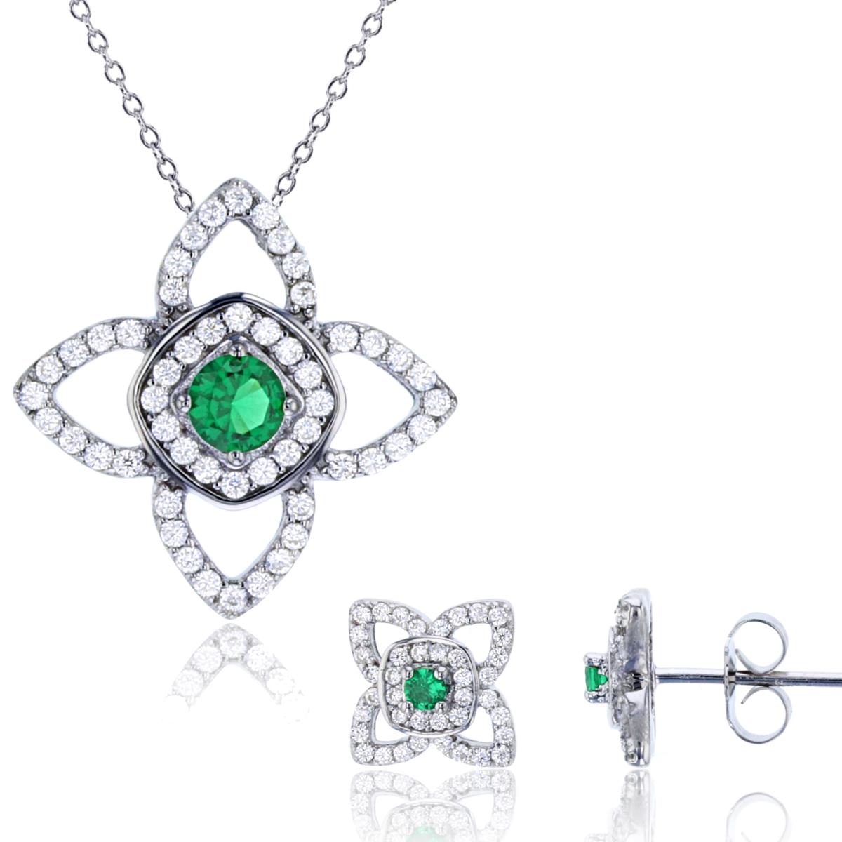 Sterling Silver Rhodium Rnd White & Emerald CZ Clover 18" Necklace & Stud Earring Set