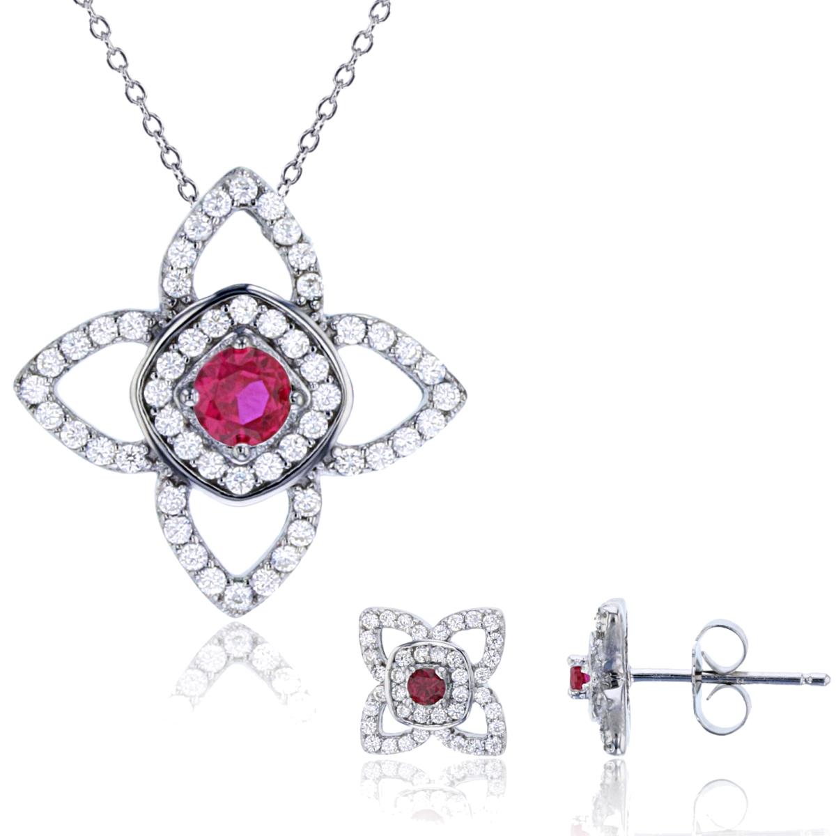 Sterling Silver Rhodium Rnd White & #8 Ruby CZ Clover 18" Necklace & Stud Earring Set