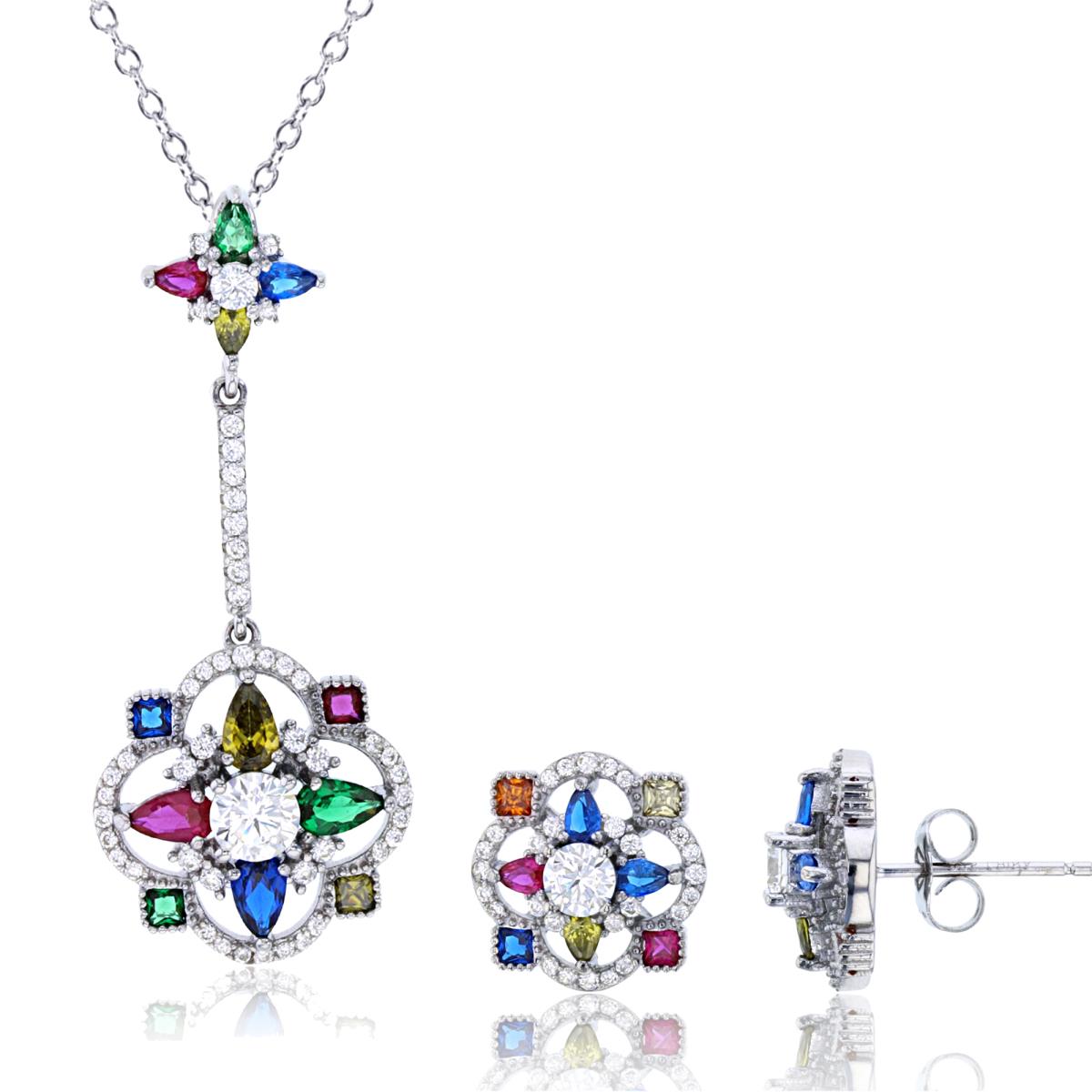 Sterling Silver Rhodium PS/SQ Multicolor & Rnd White CZ Flower 18" Necklace & Earring Set