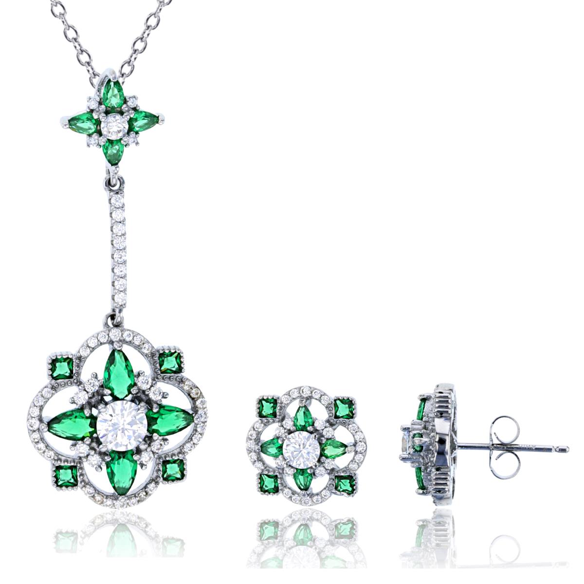 Sterling Silver Rhodium PS/SQ Green & Rnd White CZ Flower 18" Necklace & Earring Set