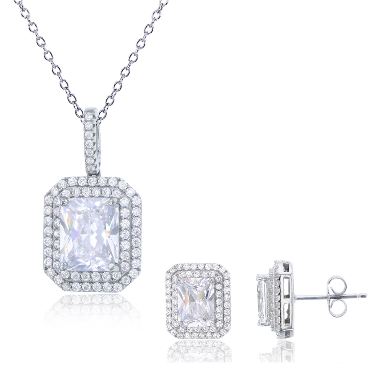 Sterling Silver Rhodium Emerald Cut & Rnd White CZ Double Halo 18" Necklace & Earring Set