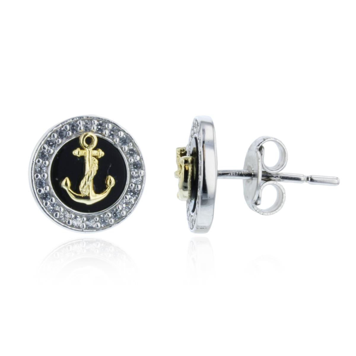 Sterling Silver Yellow & White Inlay Onyx & Rnd White Topaz Anchor Studs