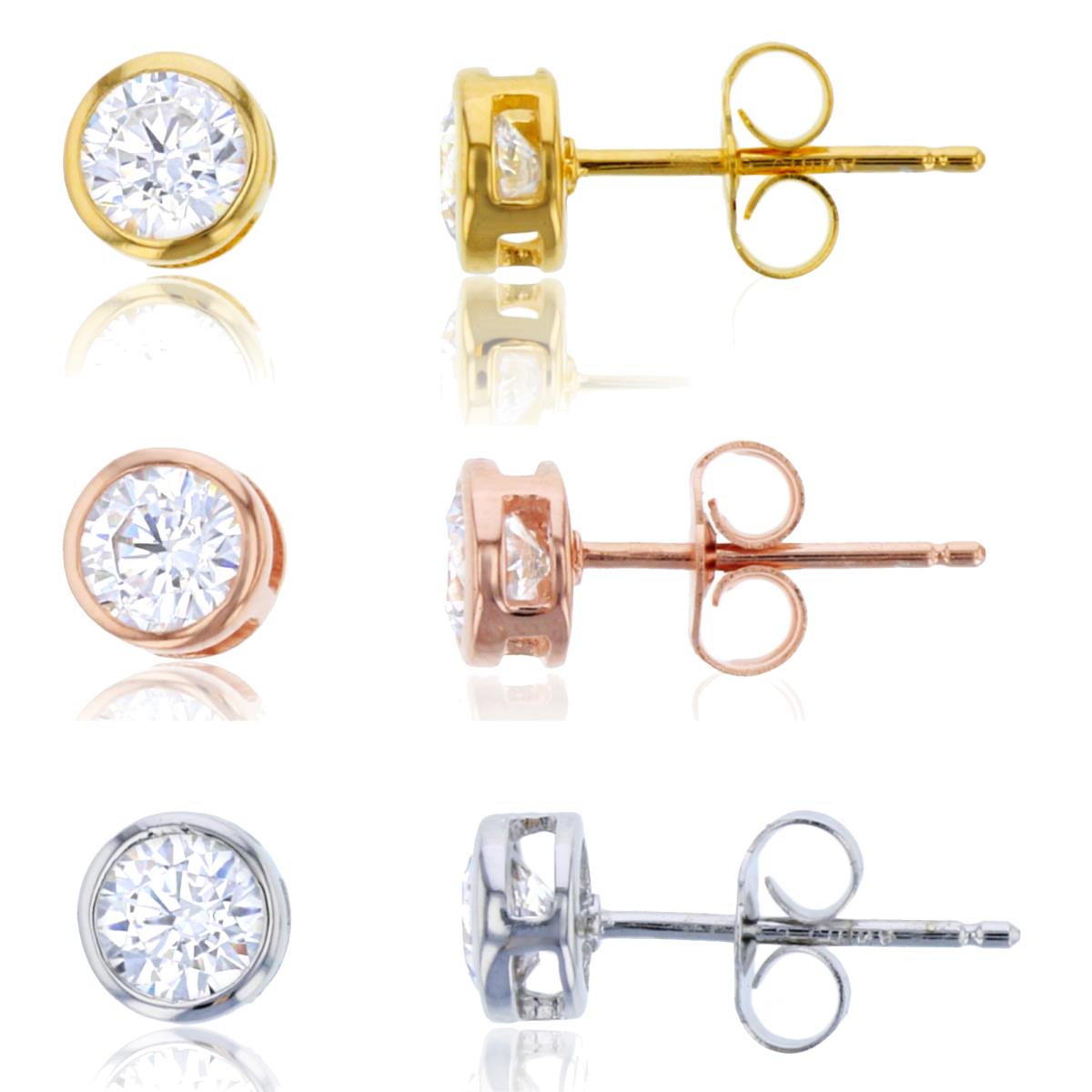 Sterling Silver Rhodium/Rose/Yellow 5mm Round CZ Bezel Stud Earring Set