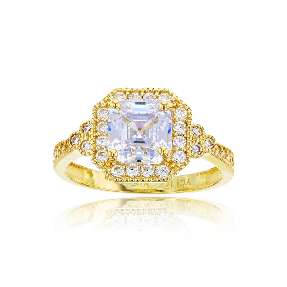 10K Yellow Gold Rnd Zircon & AS-cut Blue Apatite Hexagon Milgrain Halo Ring