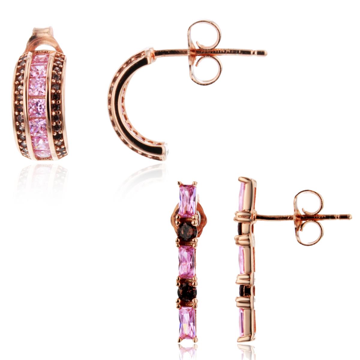 Sterling Silver Rose Brown & Pink CZ 12x6mm Half Hoop & Alternate Vertical Bar Earring Set