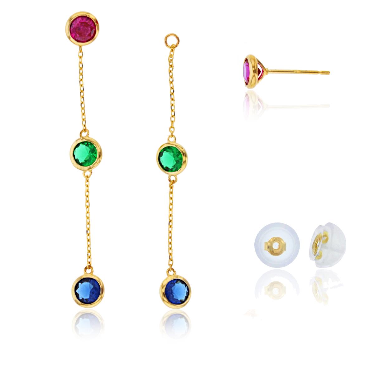 10K Yellow Gold Rnd Chrome Diopside Bezel Studs on Linked Dangling Earrings with Silicon Backs