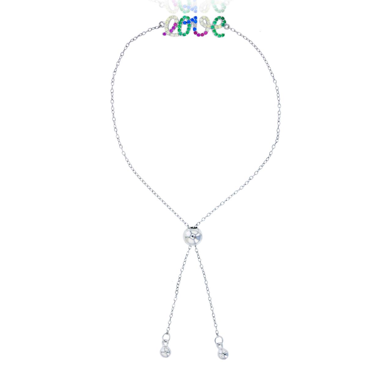 Sterling Silver Rhodium Multi Color CZ "Love" Adjustable Bracelet