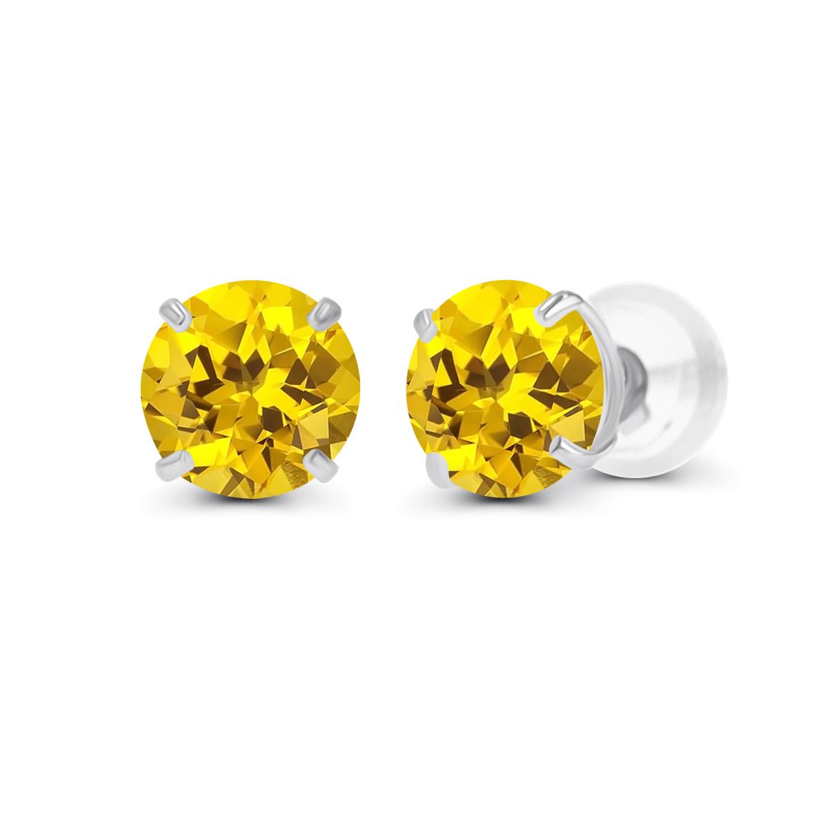 Sterling Silver Rhodium 4.00mm Round Semi Precious Created Yellow Sapphire Stud Earring