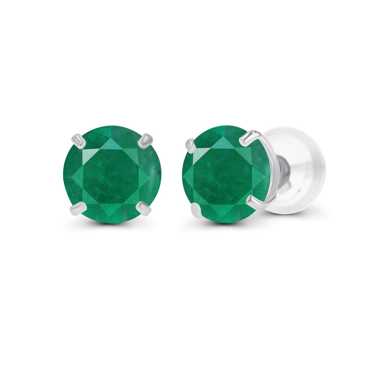 Sterling Silver Rhodium 6.00mm Round Semi Precious Emerald Stud Earring