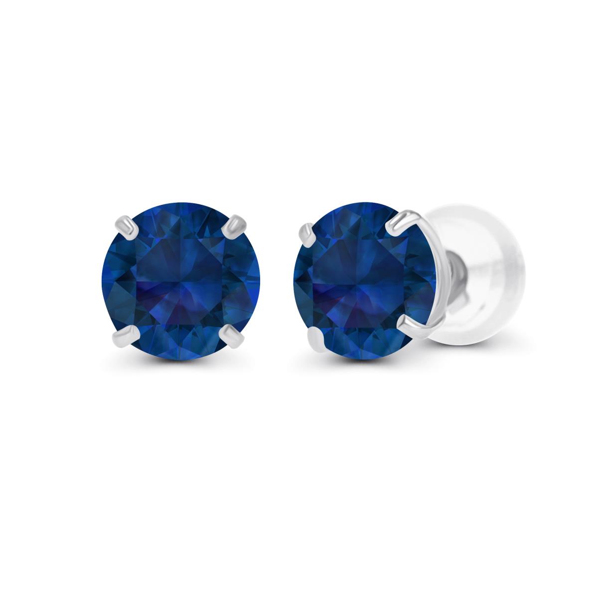 Sterling Silver Rhodium 6.00mm Round Semi Precious Created Blue Sapphire Stud Earring