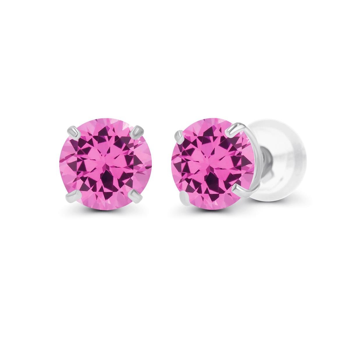 Sterling Silver Rhodium 6.00mm Round Semi Precious Created Pink Sapphire Stud Earring