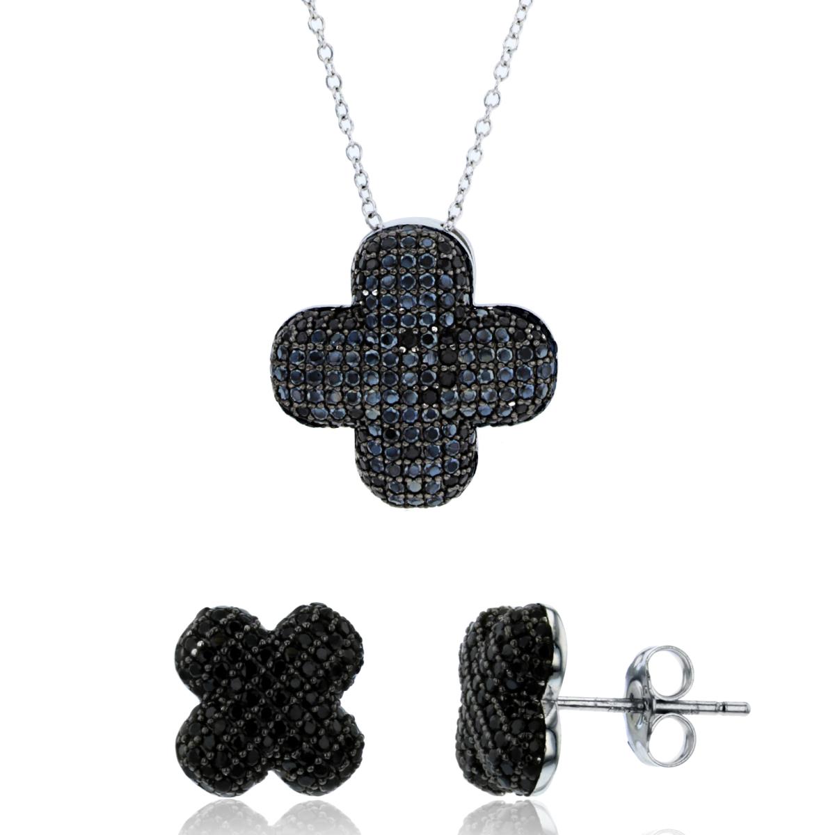 Sterling Silver Rhodium Rd Black Spinel Micropave Clover 18" Necklace & Earring Set