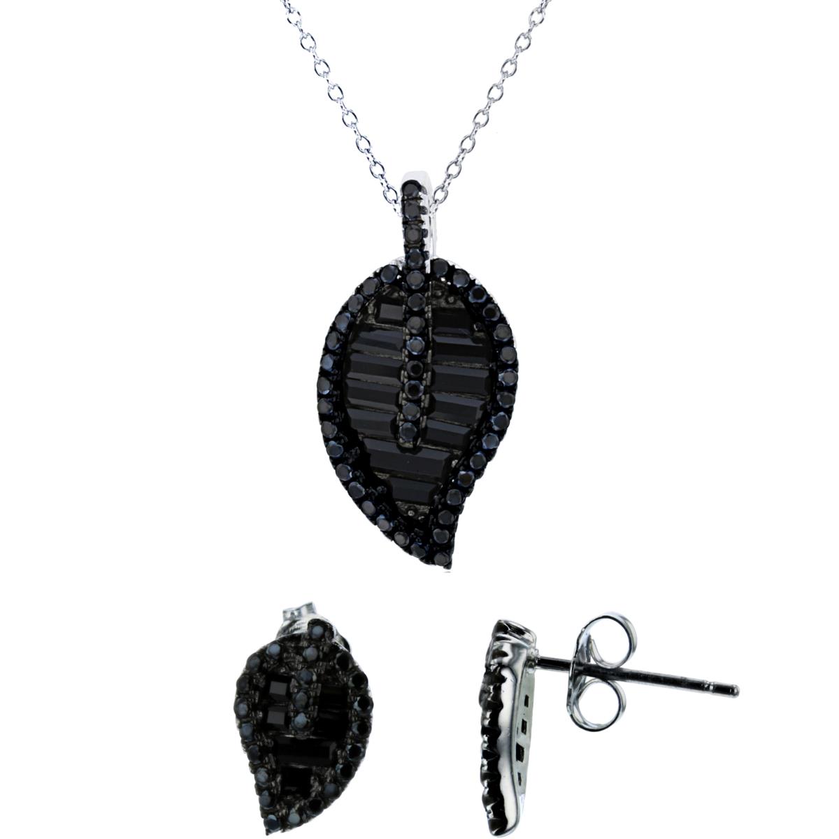 Sterling Silver Rhodium Micropave Rd Baguette Black Nano 18" Necklace & Earring Set