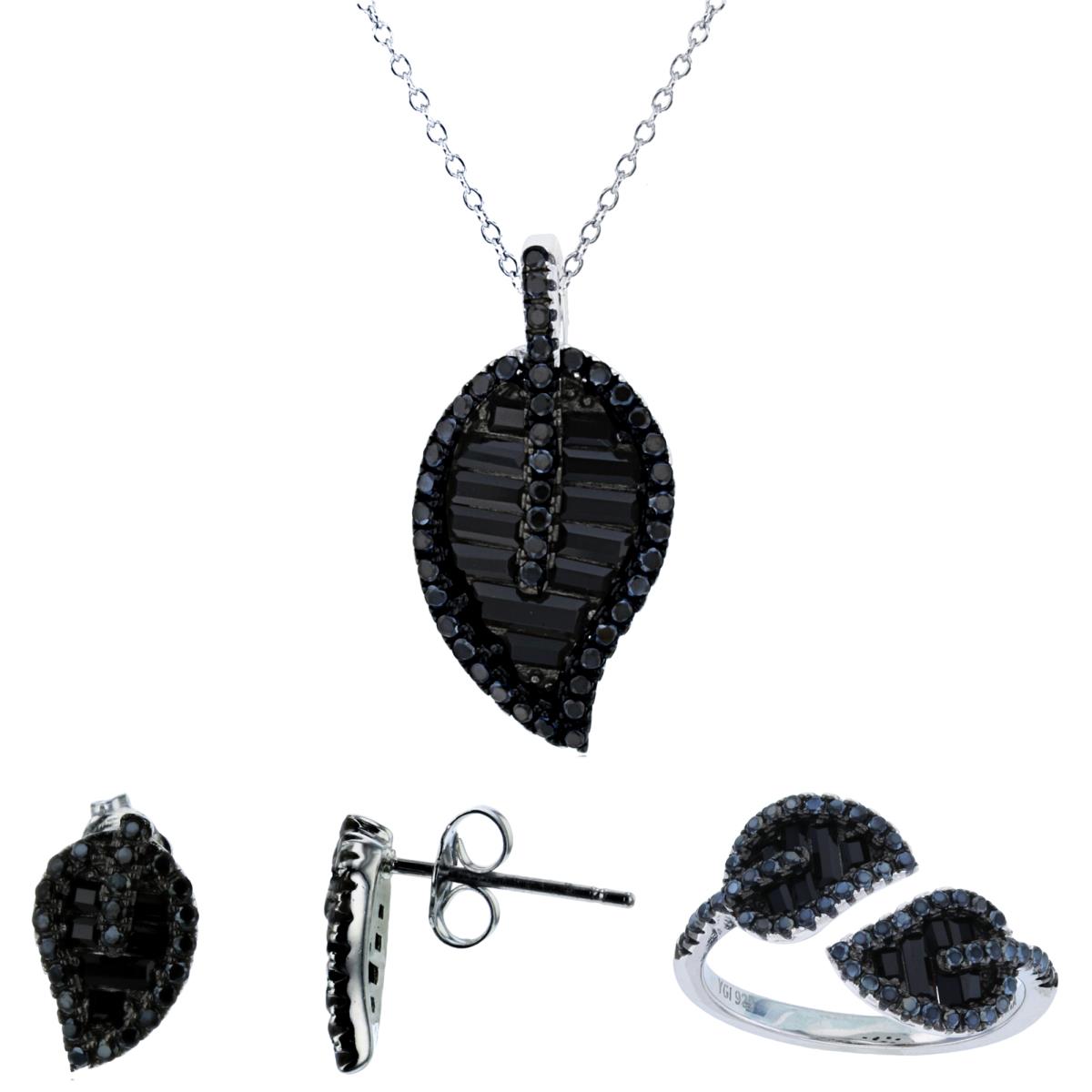 Sterling Silver Rhodium Micropave Rd Baguette Black Nano 18" Necklace/Earring/Ring Set
