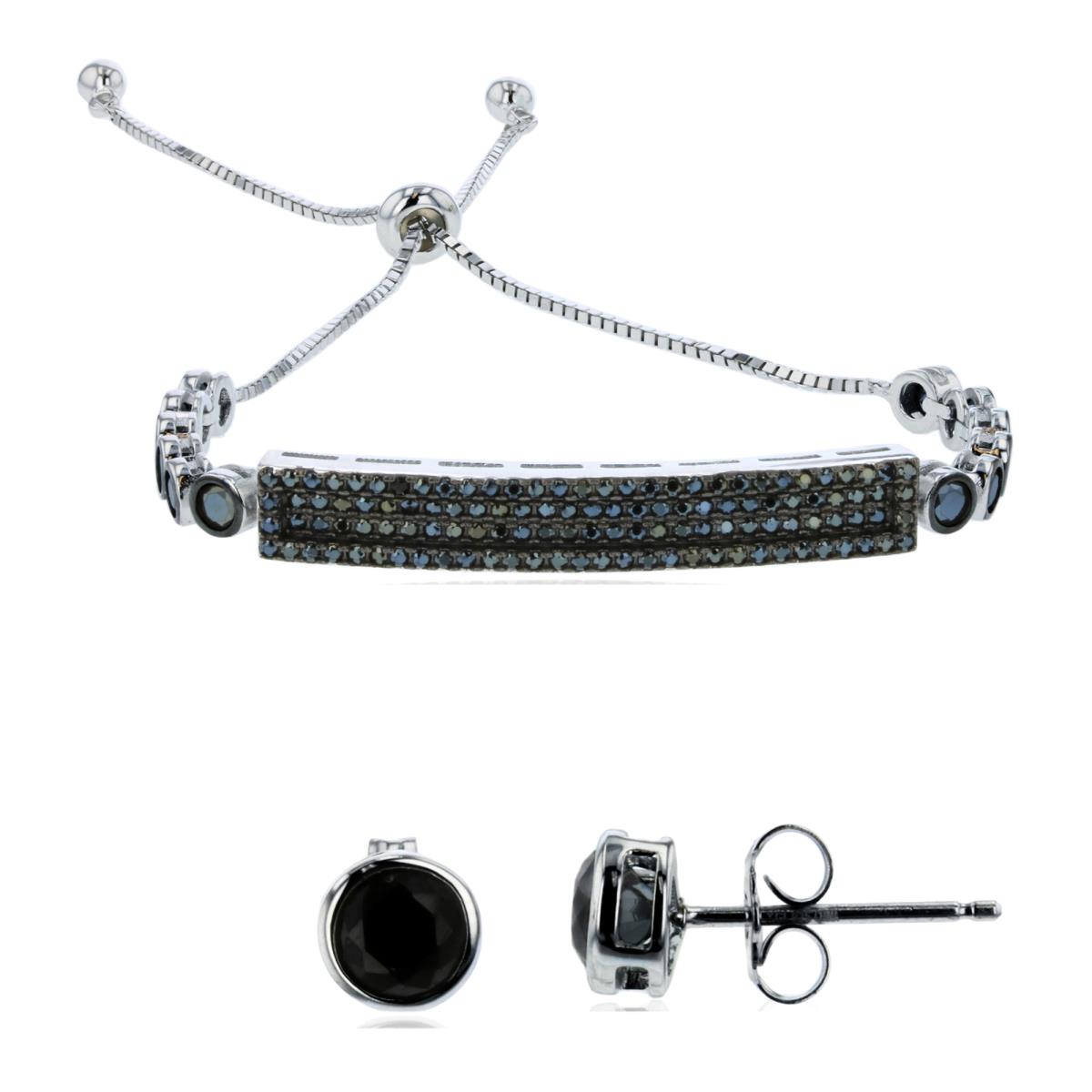 Sterling Silver Rhodium Rd Black Spinel Plate Adjustable Bracelet & 5mm Bezel Earring Set