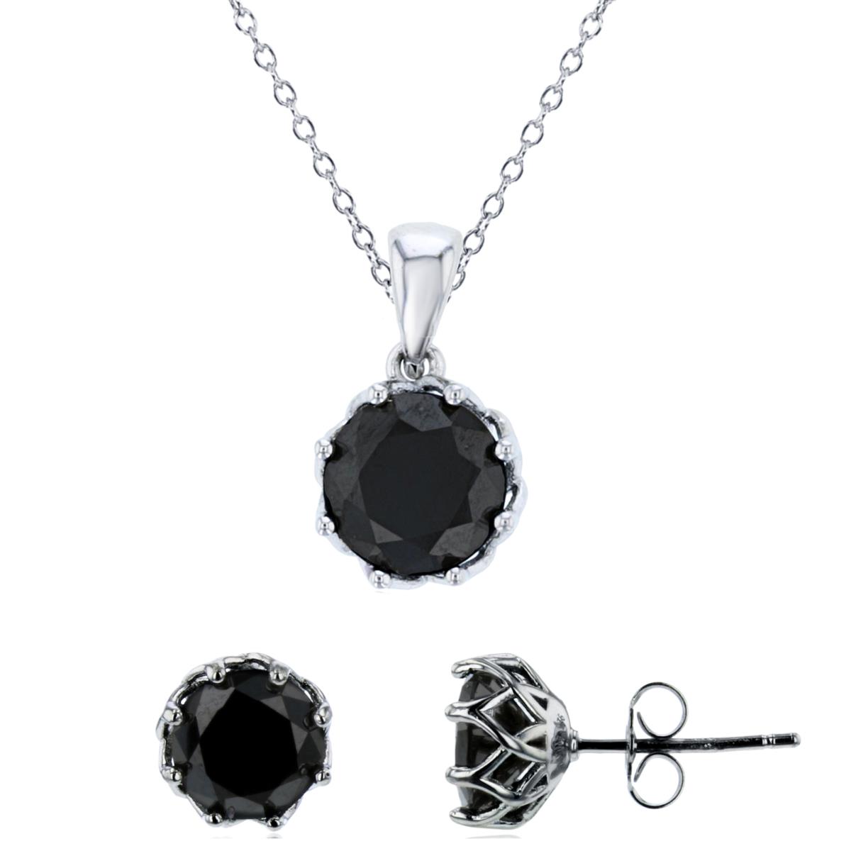 Sterling Silver Rhodium 8mm Rd Cut Black Spinel Solitaire 18" Necklace & Earring Set