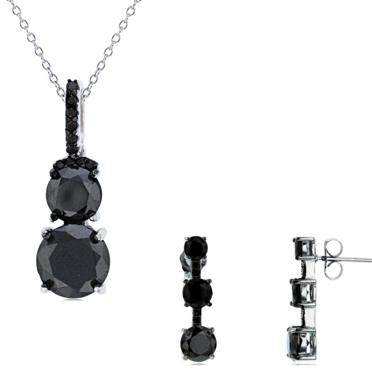 Sterling Silver Rhodium Graduated Black Nano 18" Necklace & Earring Set