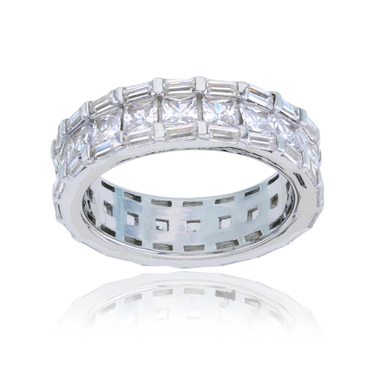 Sterling Silver Rhodium Baguette & Square CZ 3-Row Eternity Ring