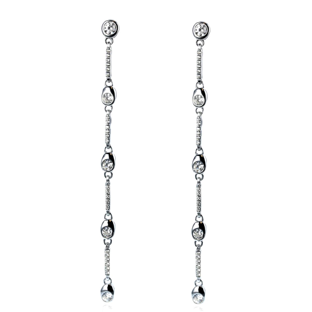 Sterling Silver Rhodium Round CZ Stations Dangling Earring