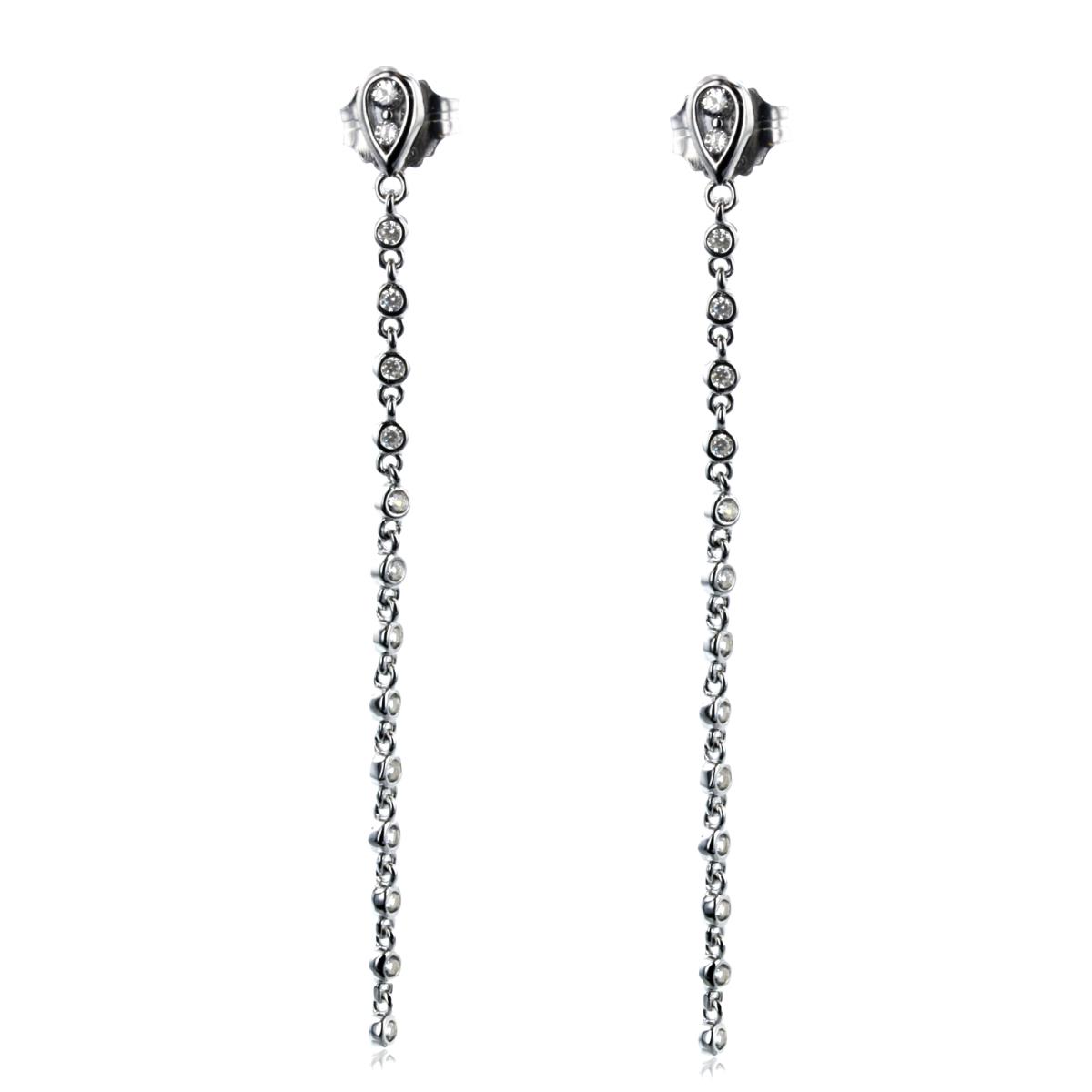 Sterling Silver Rhodium Round CZ Pear Dangling Earring