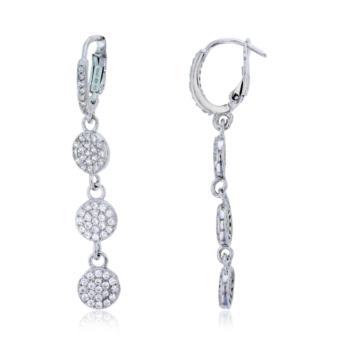 Sterling Silver Rhodium Micropave Triple Circle Plate Dangling Earring