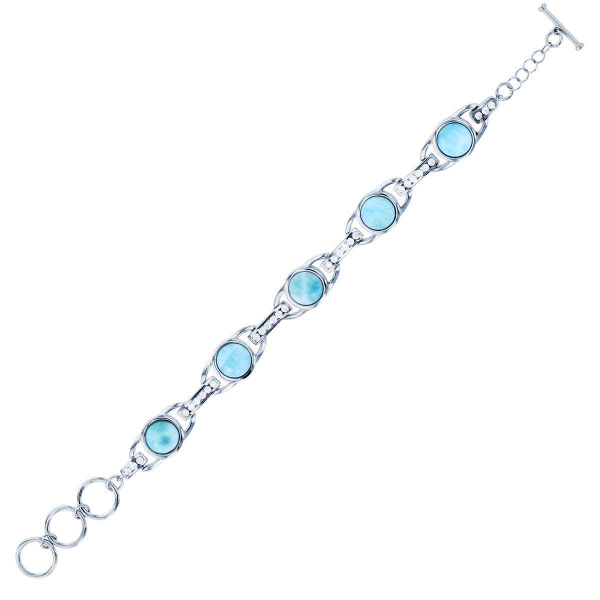 Sterling Silver Rhodium Round Larimar & CZ 7" Bracelet with Toggle
