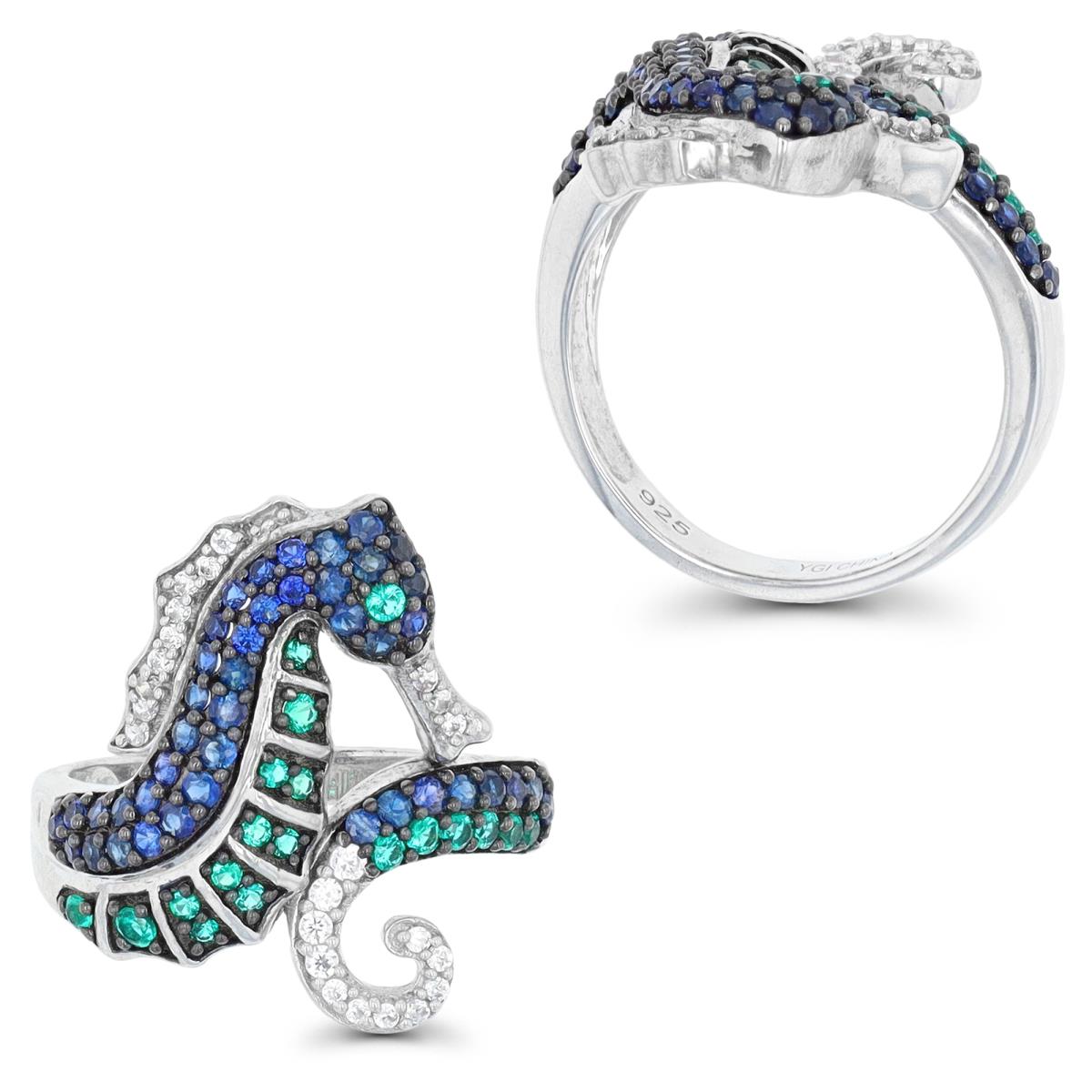 Sterling Silver Rhodium Cr. Emerald, White & Blue Sapphire Seahorse Ring