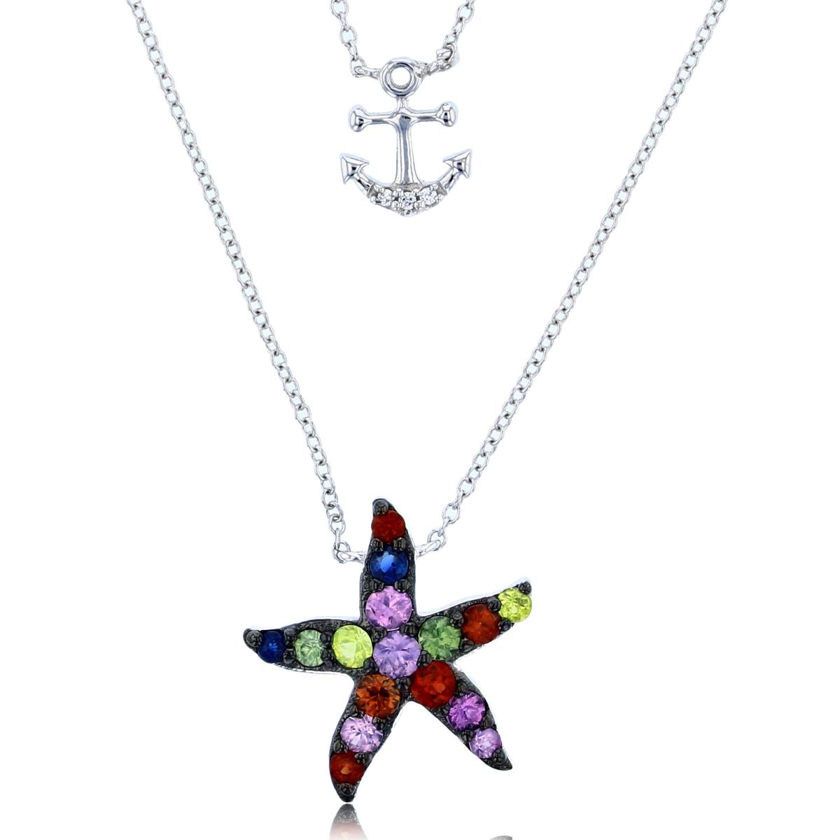 14K White Gold Multi Color Sapphire & CZ(0.01cttw Rnd Diam) Starfish/ Anchor 2 Layers 16" Necklace