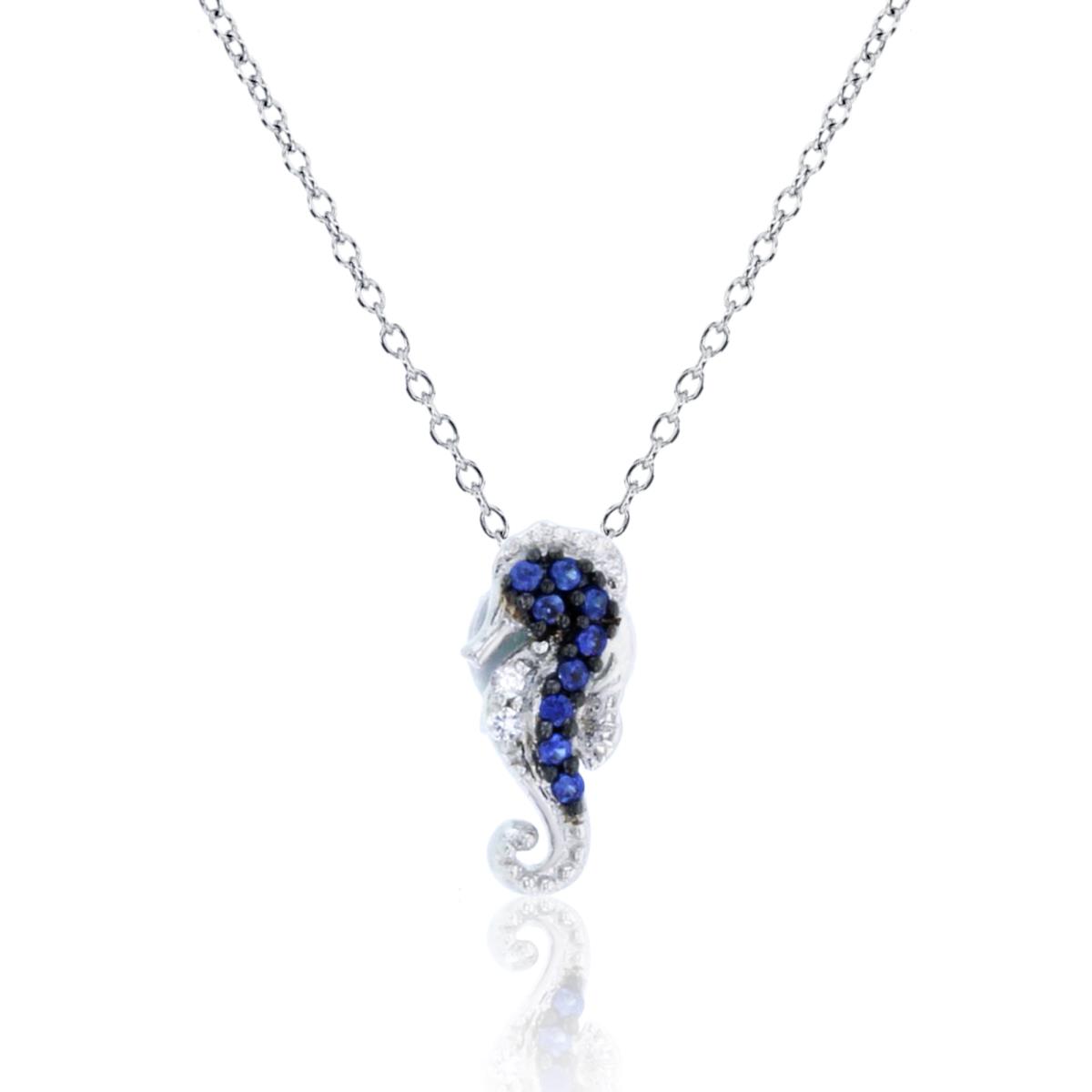 Sterling Silver Rhodium Cr. White & Blue Sapphire Seahorse 18" Necklace