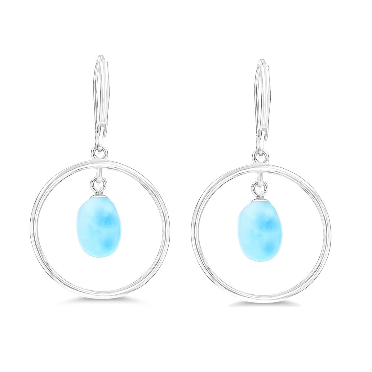 Sterling Silver Rhodium Larimar Ball Open Circle Leverback Earring