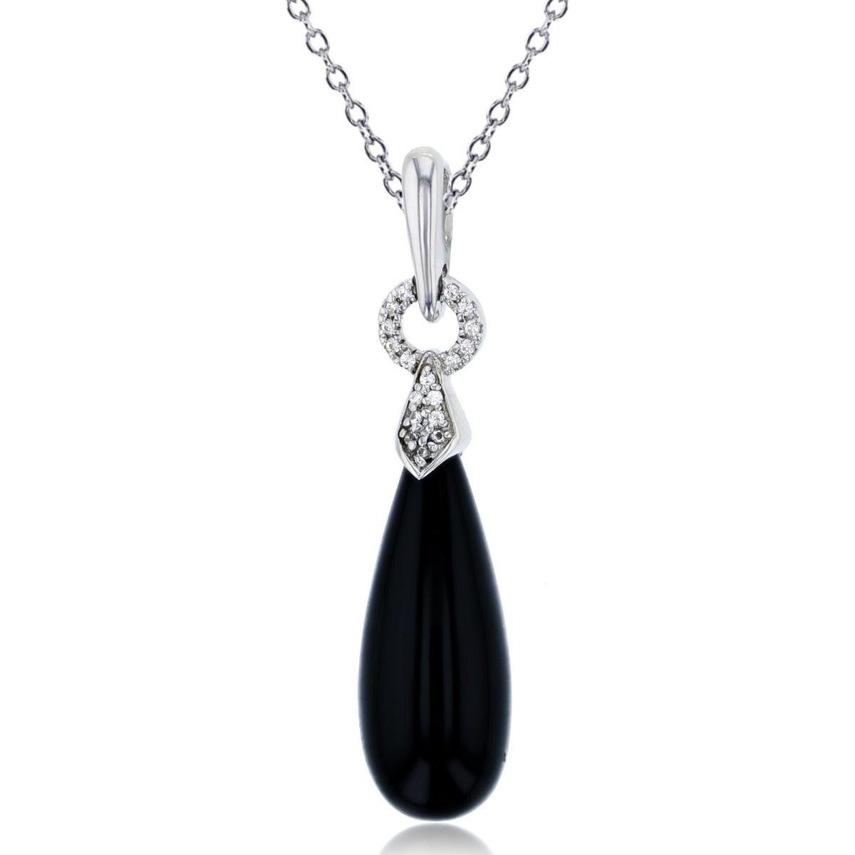 Sterling Silver Rhodium 0.054cttw Diamonds & 19x8mm Inlay Onyx Drop 18"Necklace