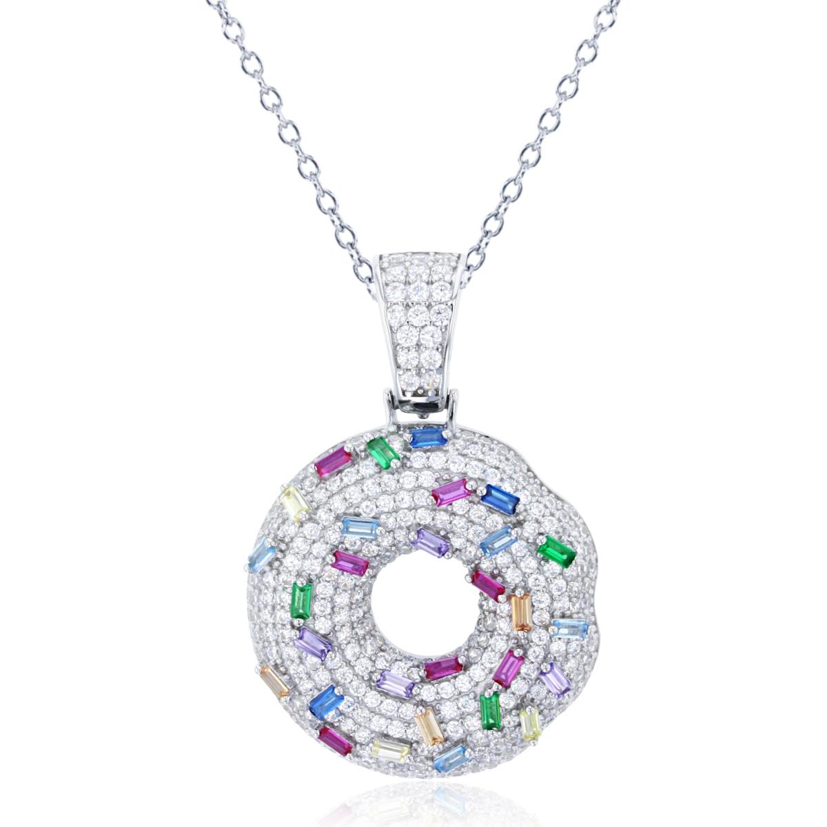Sterling Silver Rhodium SB Multicolor & Rnd White CZ Open Puffy Circle 18"Necklace