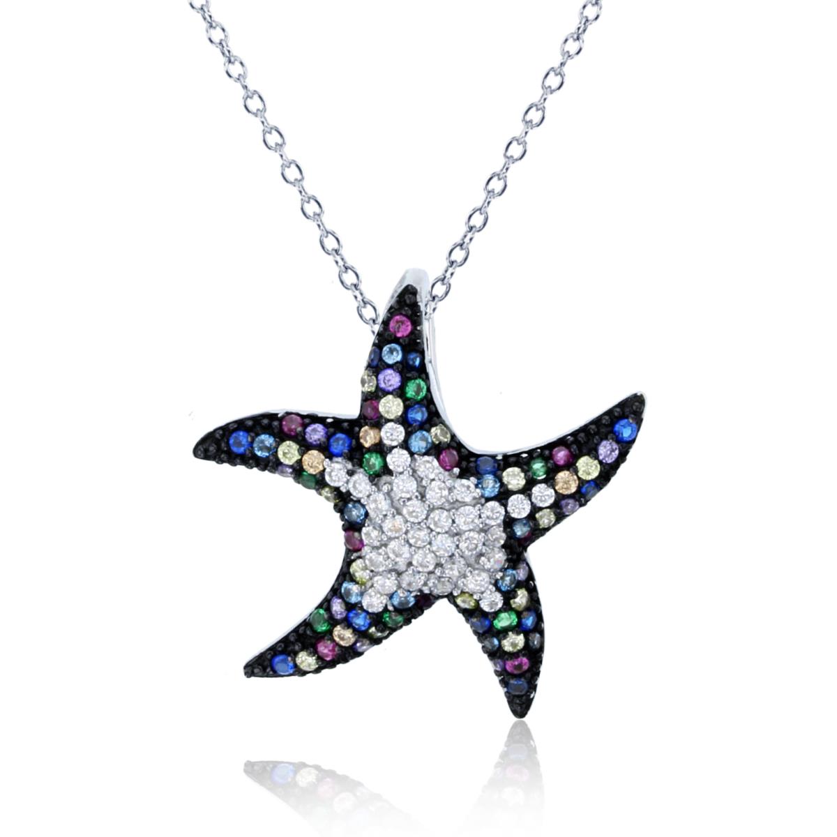Sterling Silver Rhodium Rnd Multicolor CZ Micropave Starfish 18"Necklace
