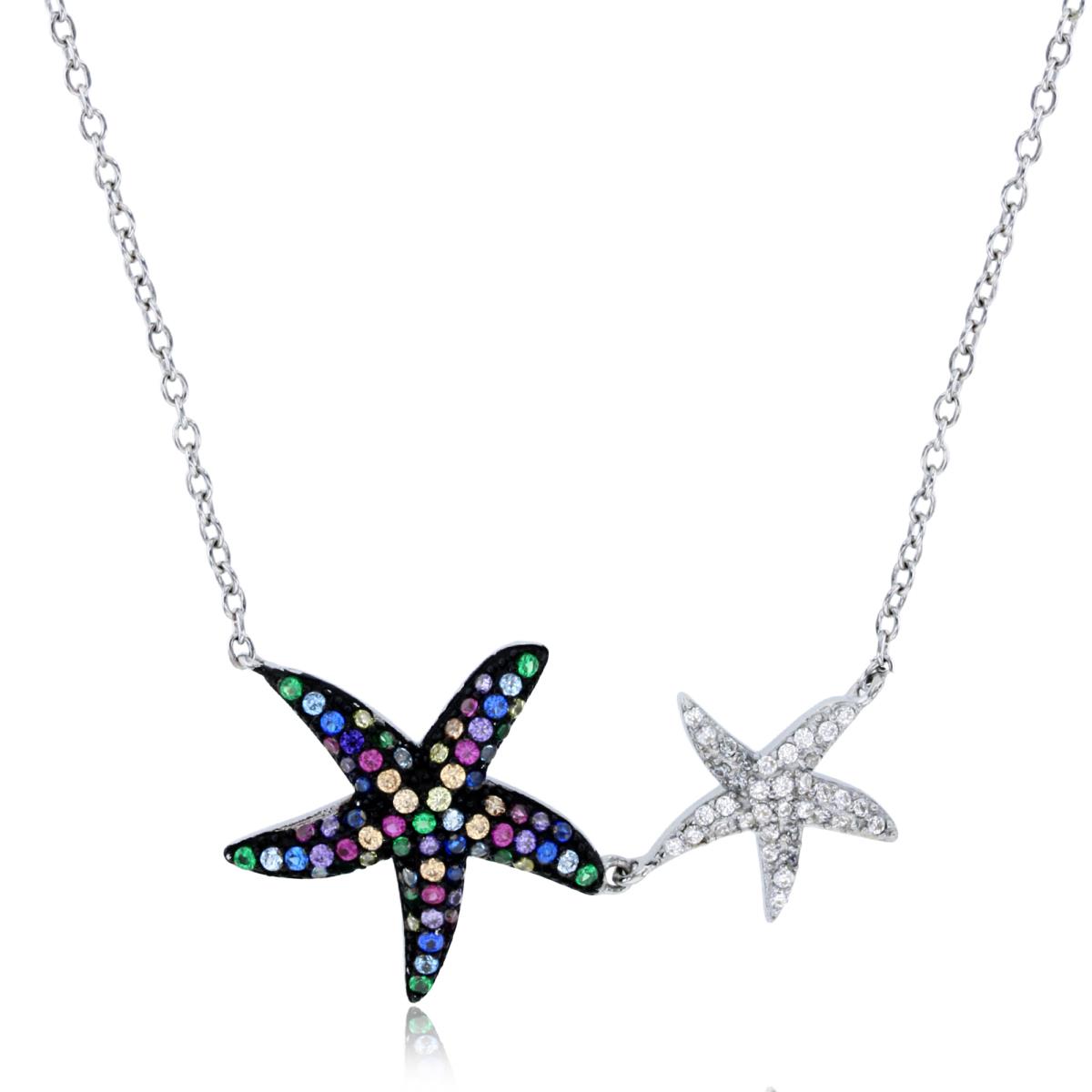 Sterling Silver Rhodium Rnd CZ Multicolor Big & White Small Starfish 18"Necklace