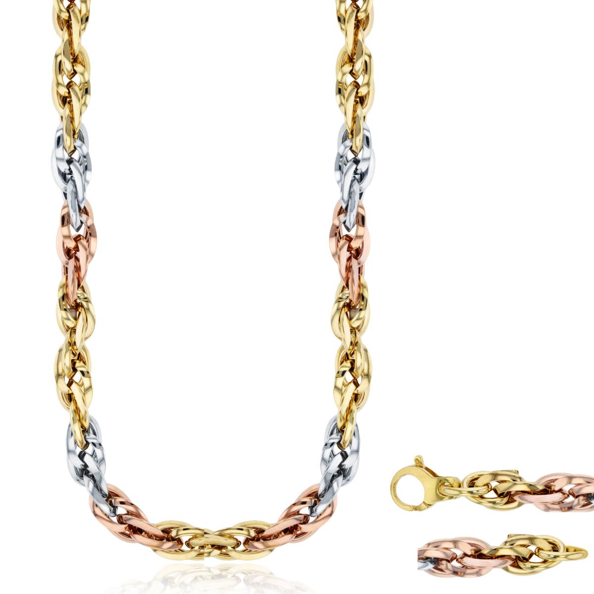 14K Tri-Color Gold 7mm Flat Links Rope 18" Chain