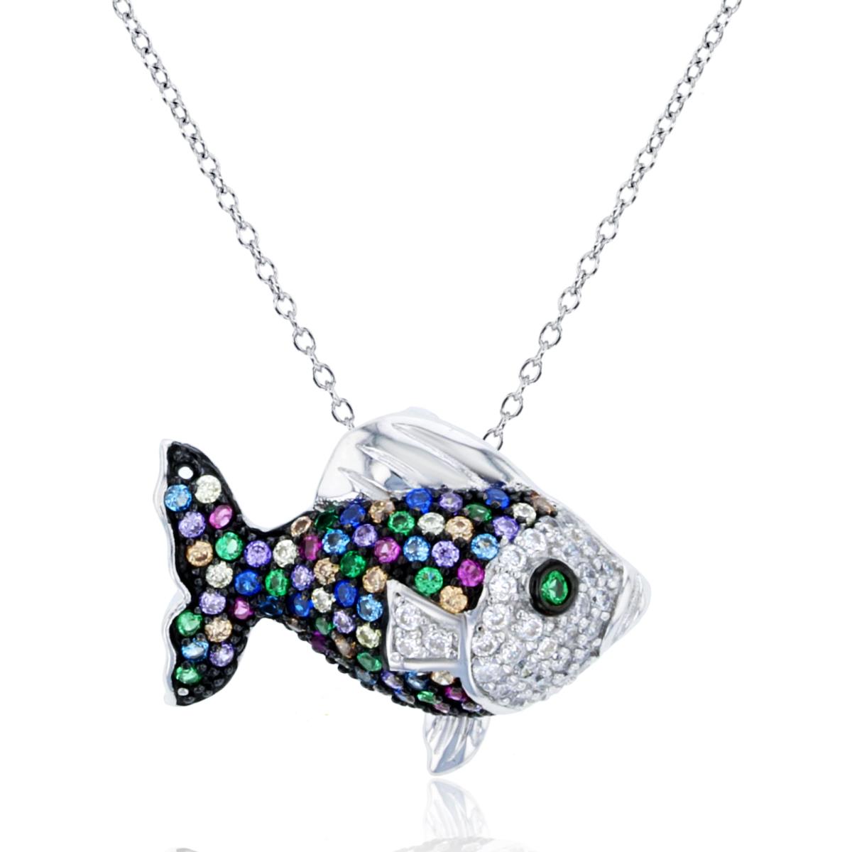 Sterling Silver Rhodium  Rnd Multicolor CZ Fish 18"Necklace