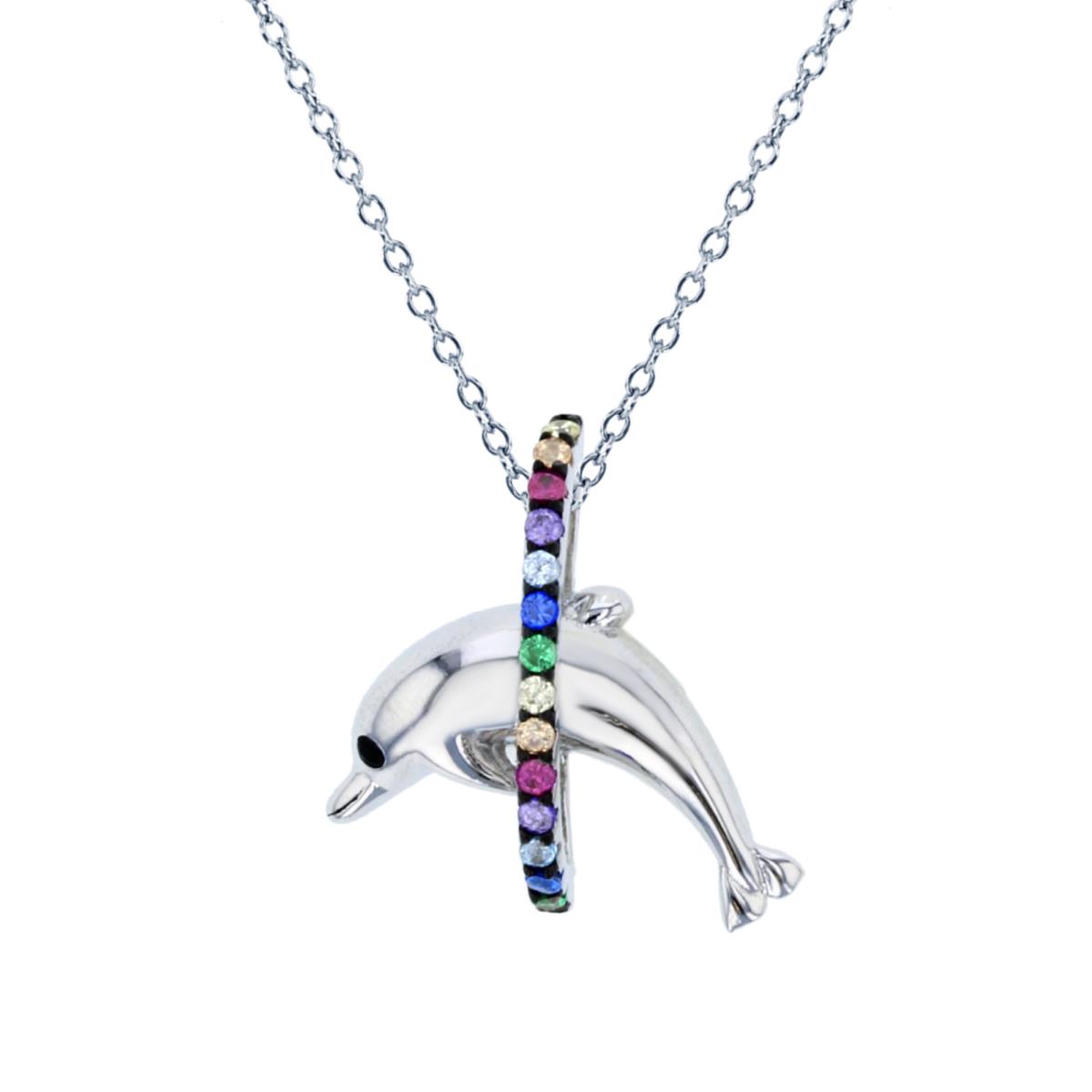 Sterling Silver Rhodium High Polished Dolphin with Rnd Multicolor CZ Circle 18"Necklace