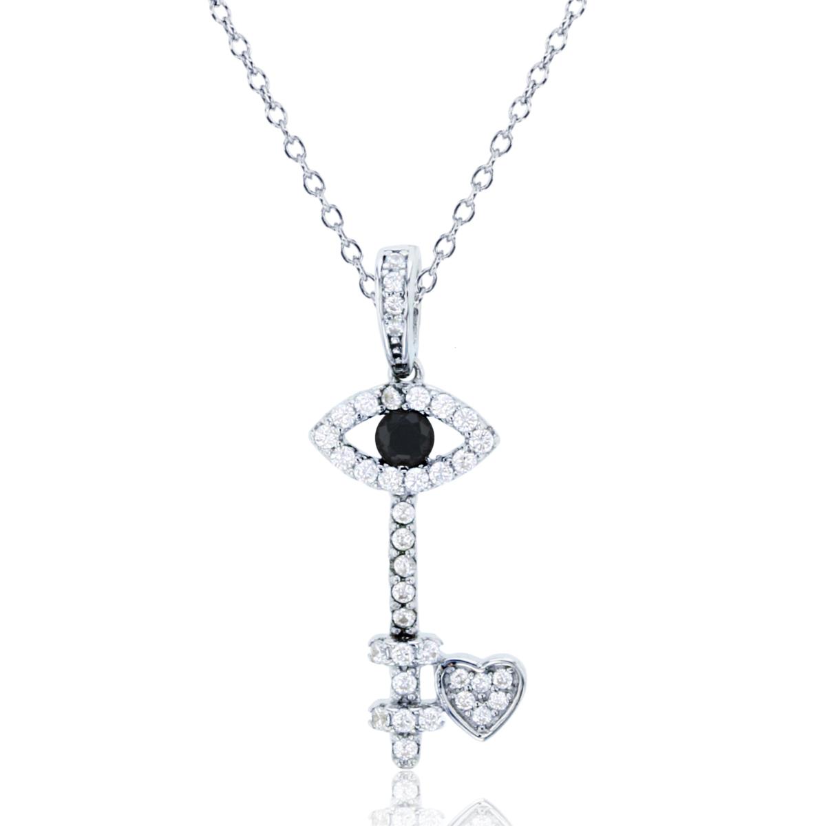 Sterling Silver Rhodium Rnd White & Black CZ Key/Heart 18"Necklace