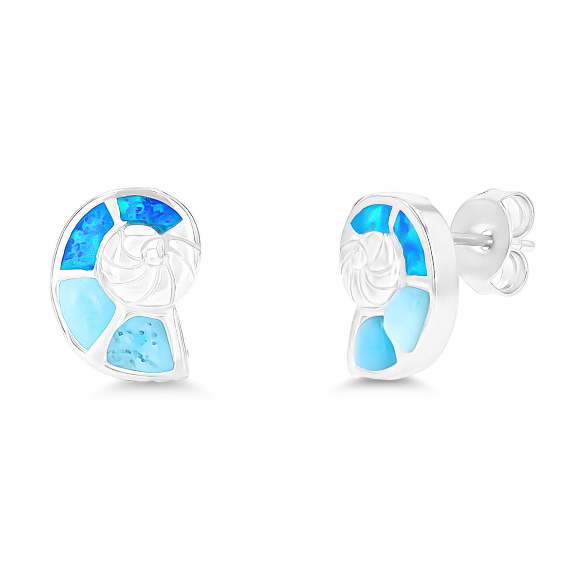 Sterling Silver Rhodium Larimar & Blue Opal Seashell Stud Earring