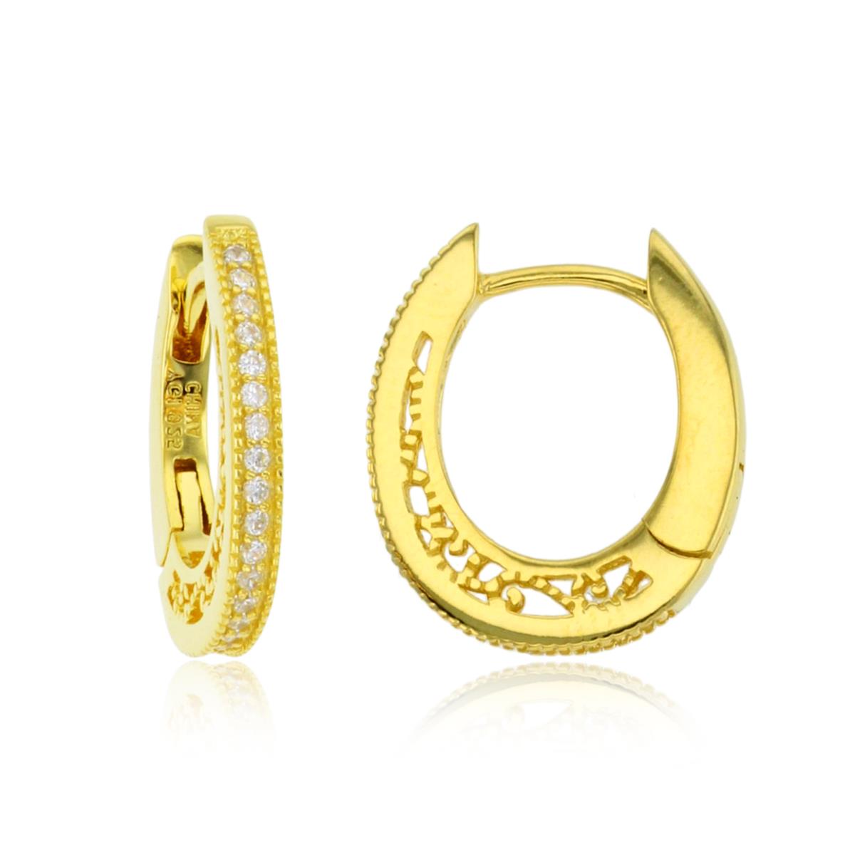 Sterling Silver 1Micron Yellow Gold Rnd CZ Millgrain12X2mm Huggie Earring