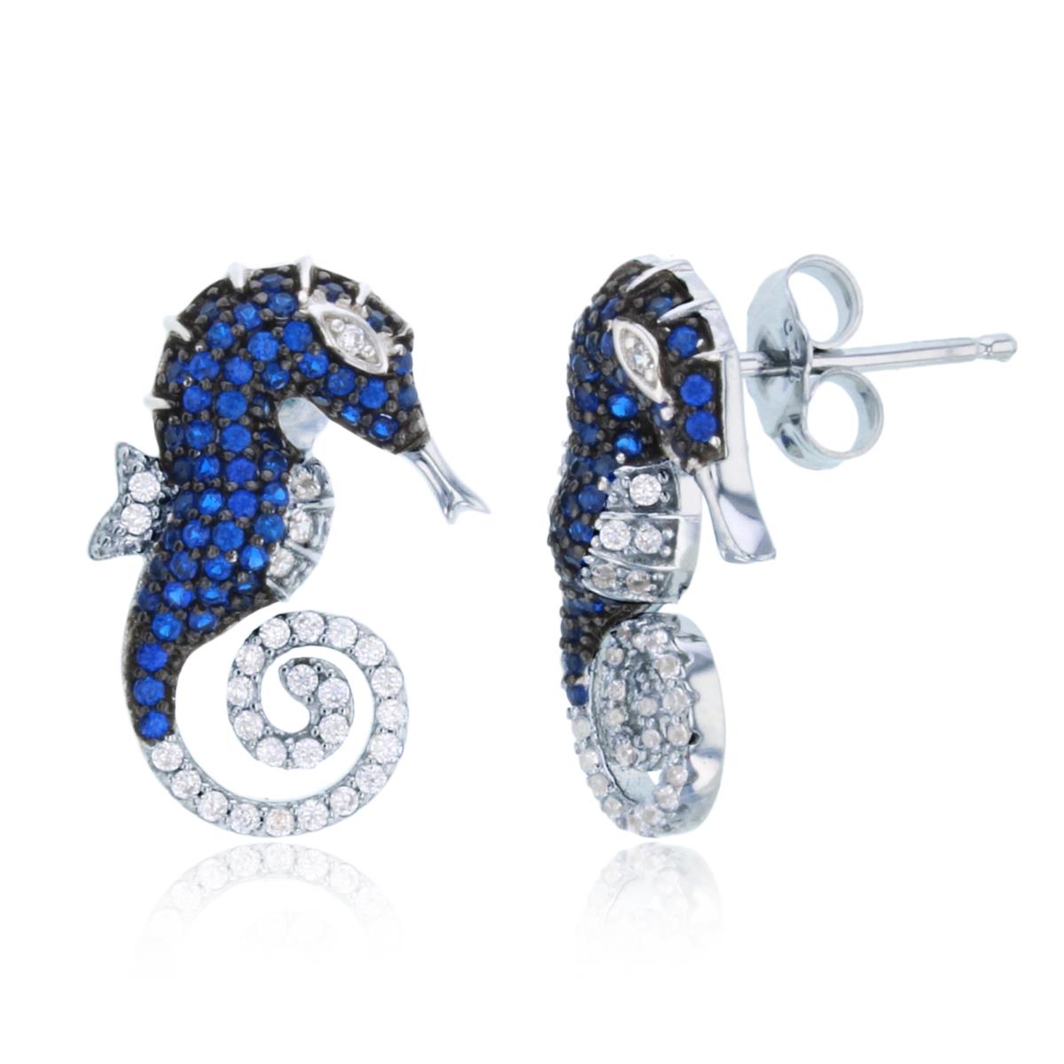 Sterling Silver Rhodium Rnd White & #114 Blue CZ Seahorse Earrings