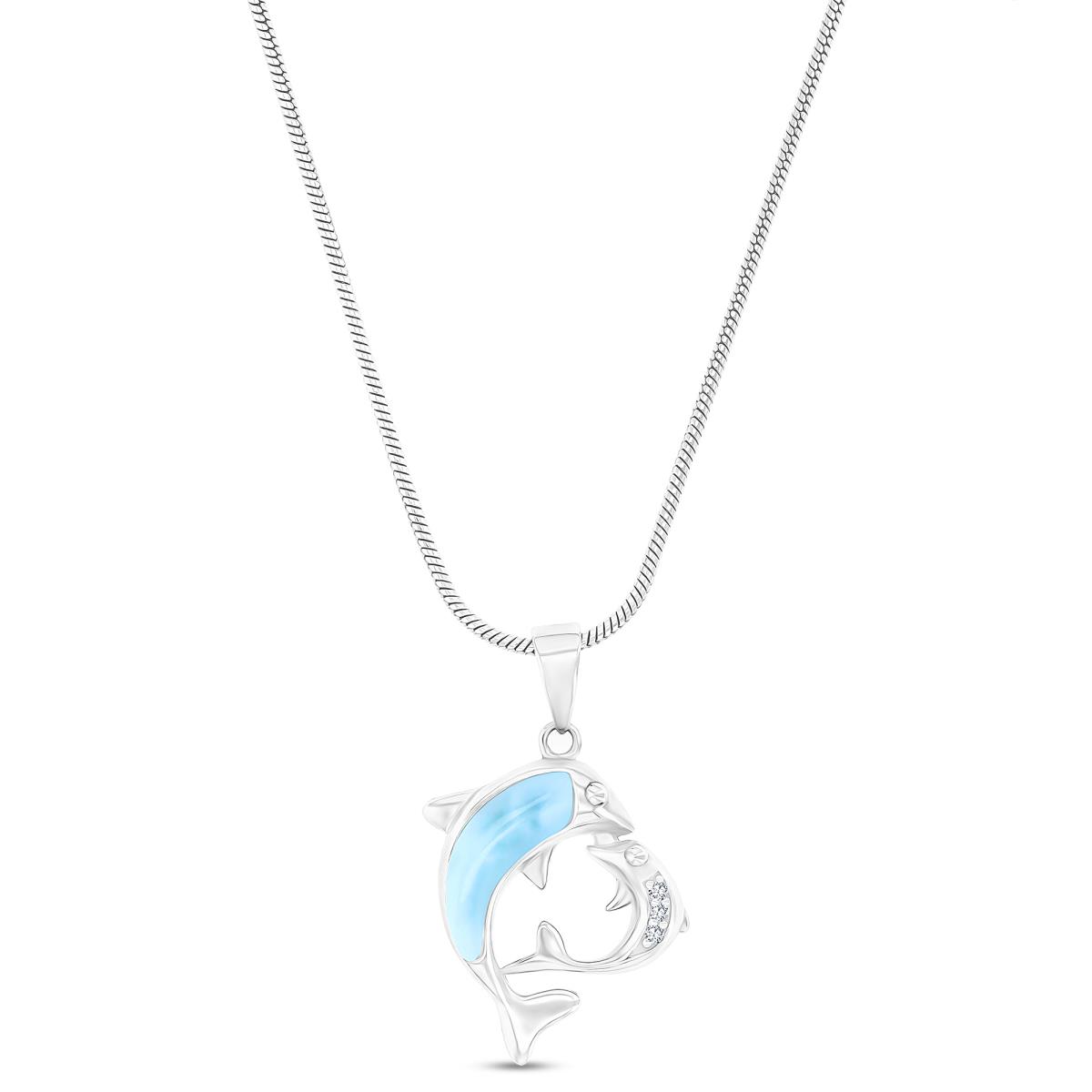 Sterling Silver Rhodium Larimar & CZ Mama/Baby Dolphin 22" Round Snake Adjustable Necklace
